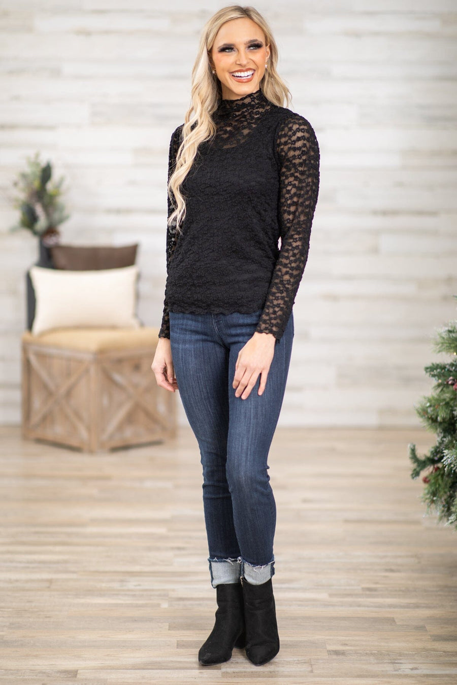 Black Floral Embroidered Mock Neck Top - Filly Flair