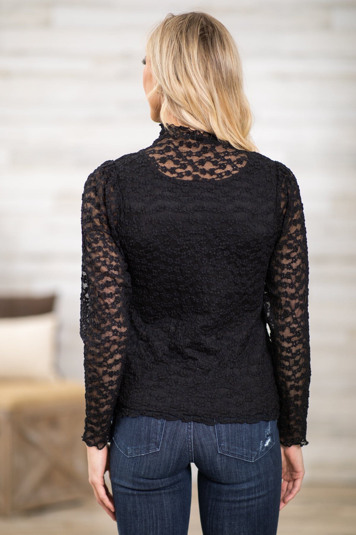 Black Floral Embroidered Mock Neck Top - Filly Flair