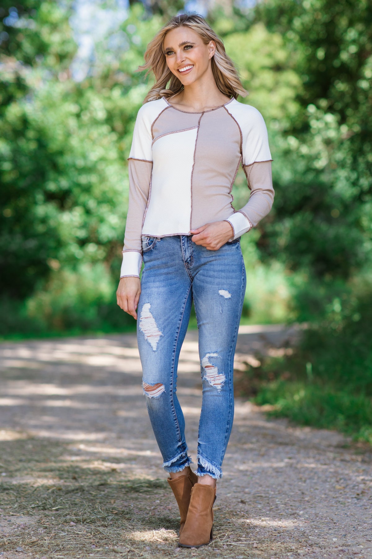 Taupe and Off White Rib Knit Colorblock Top - Filly Flair