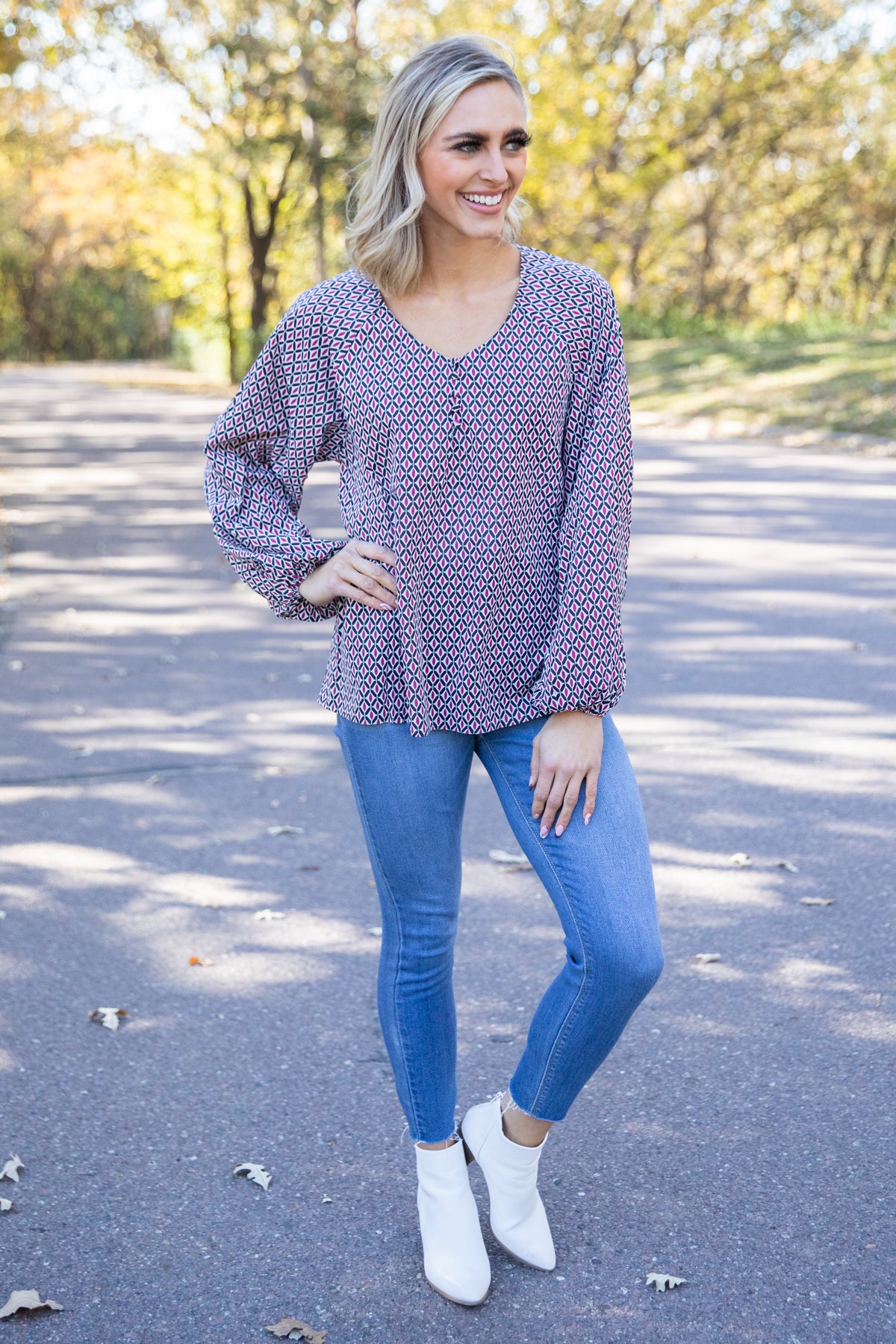 Burgundy Multicolor Geometric Print Top - Filly Flair