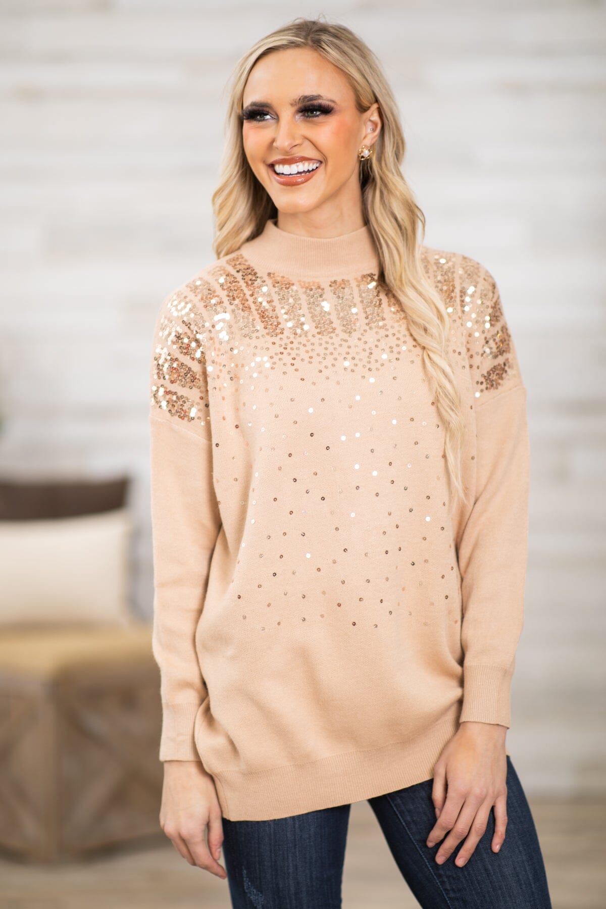 Tan and Gold Sequin Detail Mock Neck Sweater - Filly Flair
