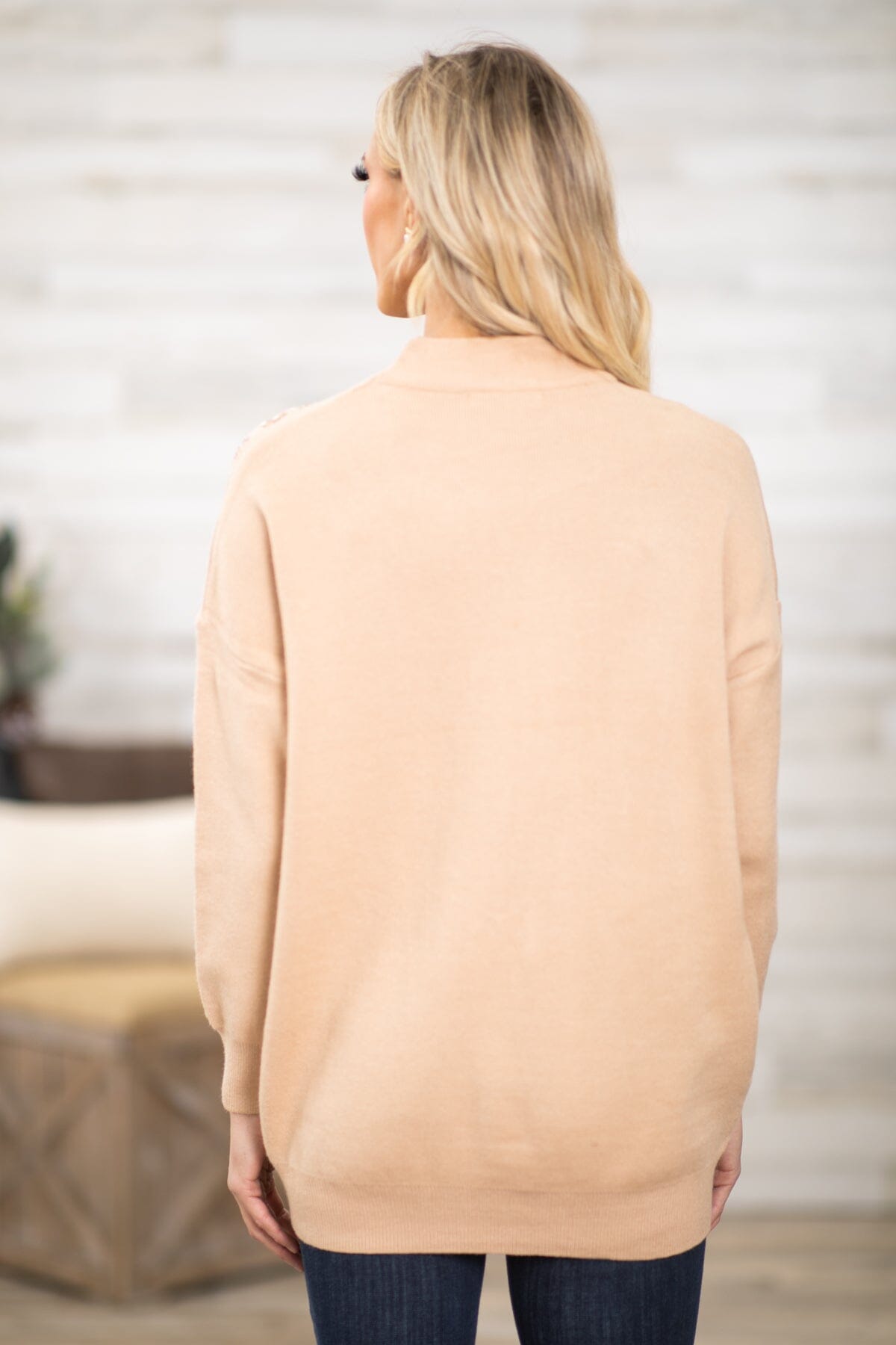 Tan and Gold Sequin Detail Mock Neck Sweater - Filly Flair