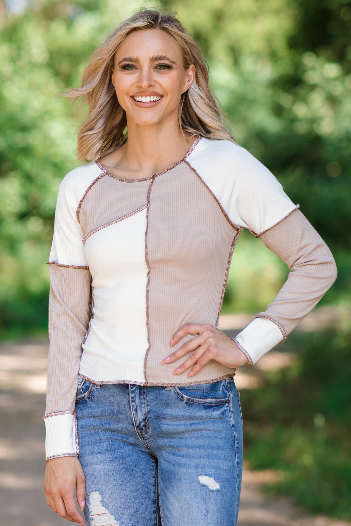 Taupe and Off White Rib Knit Colorblock Top - Filly Flair