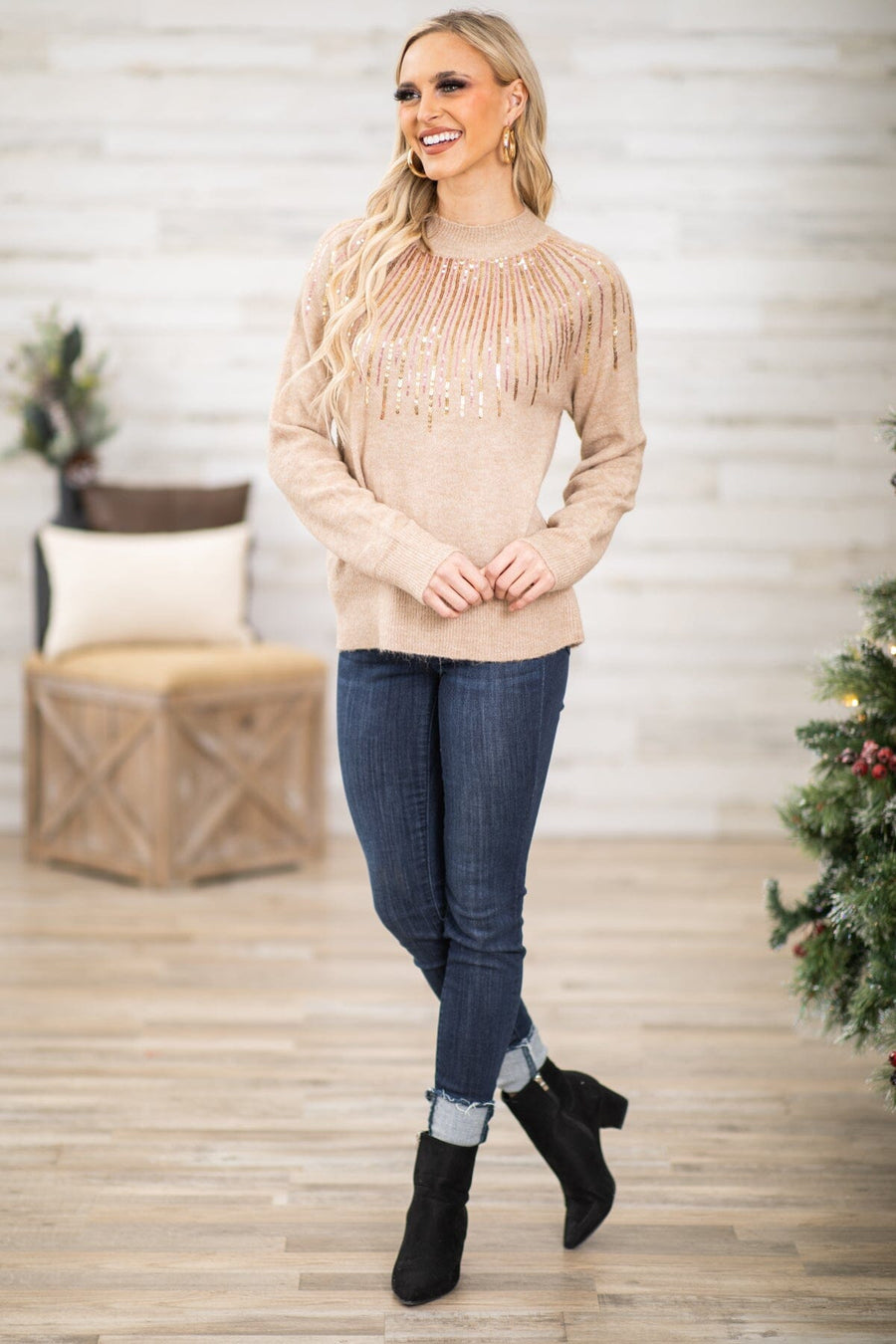 Tan and Rose Gold Sequin Detail Sweater - Filly Flair