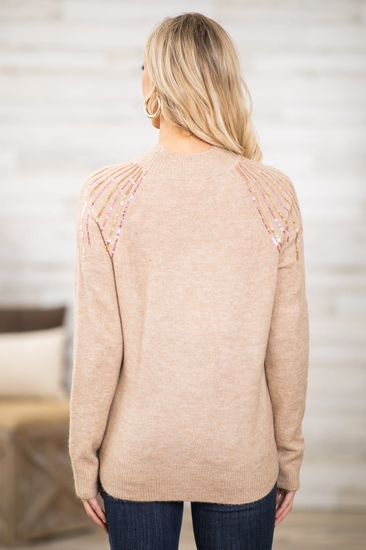 Tan and Rose Gold Sequin Detail Sweater - Filly Flair