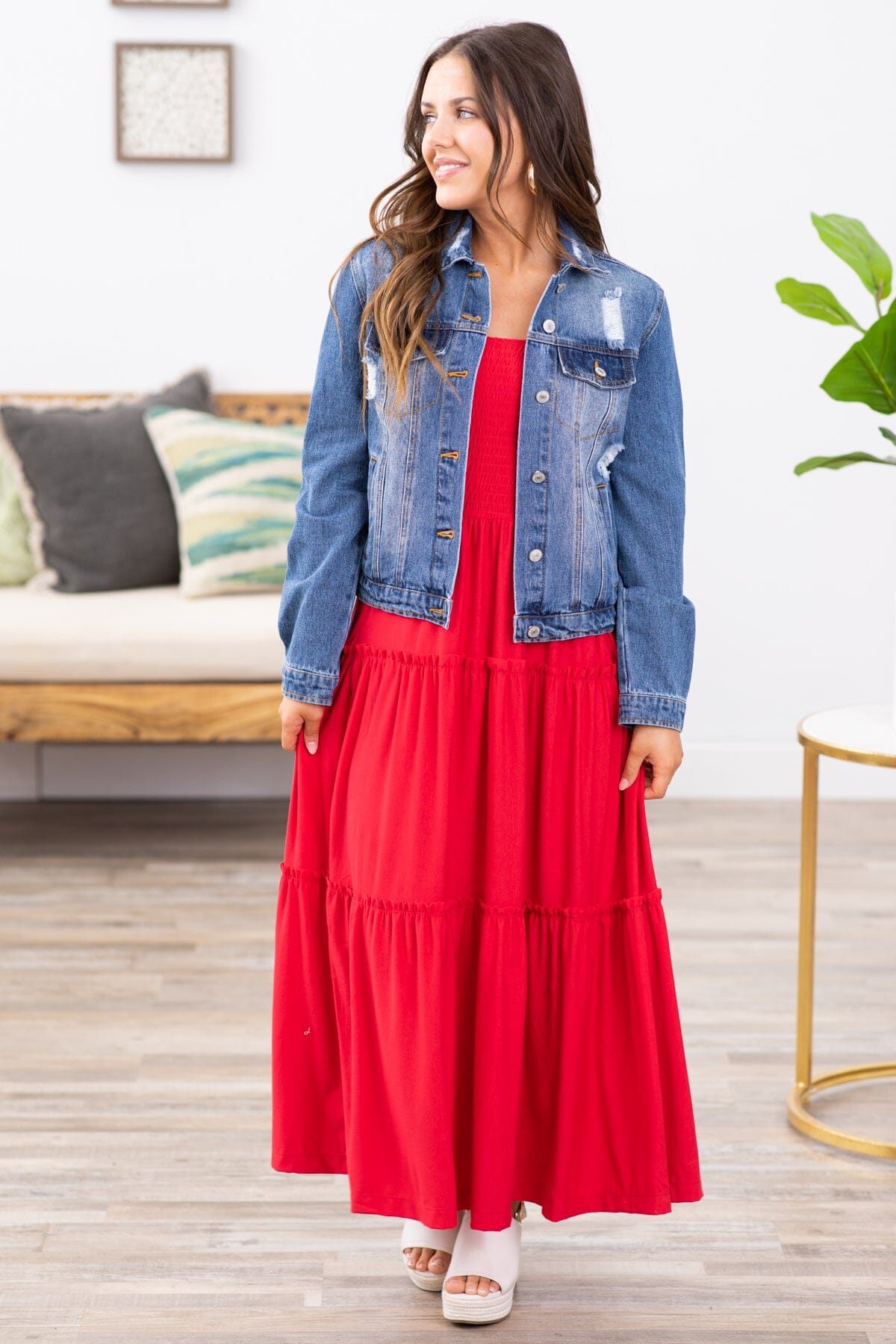 Maxi Dress Red Denim Jacket And Skirt Red Dress With Denim Jacket
