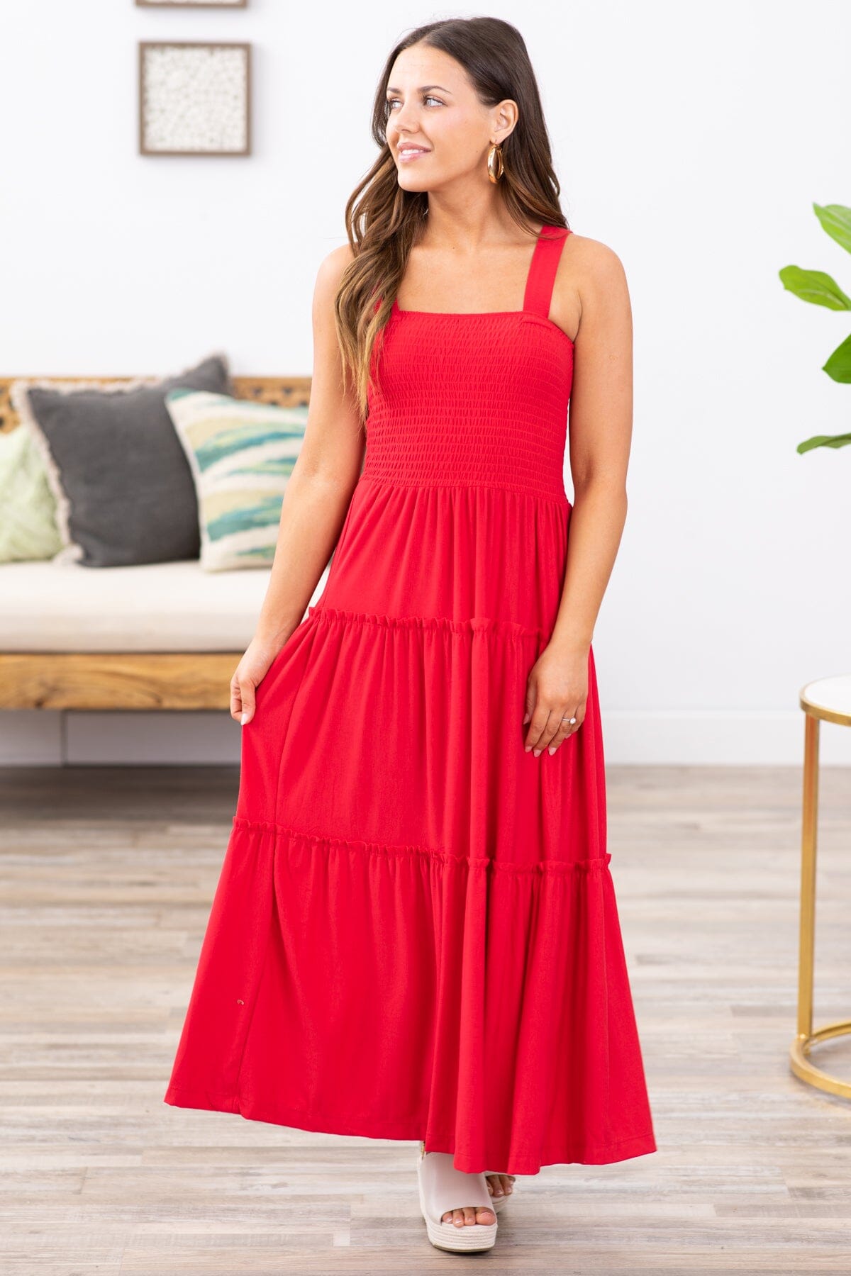 Red Smocked Bodice Skirt Tiered Midi Dress Filly Flair Red Smocked Bodice Skirt Tiered Midi Dress Filly Flair