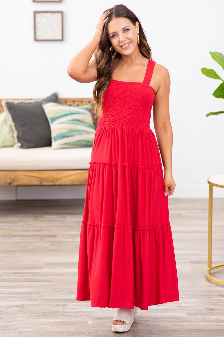 Red Smocked Bodice Skirt Tiered Midi Dress - Filly Flair