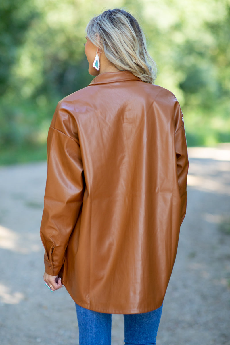 Cognac Faux Leather Shacket - Filly Flair