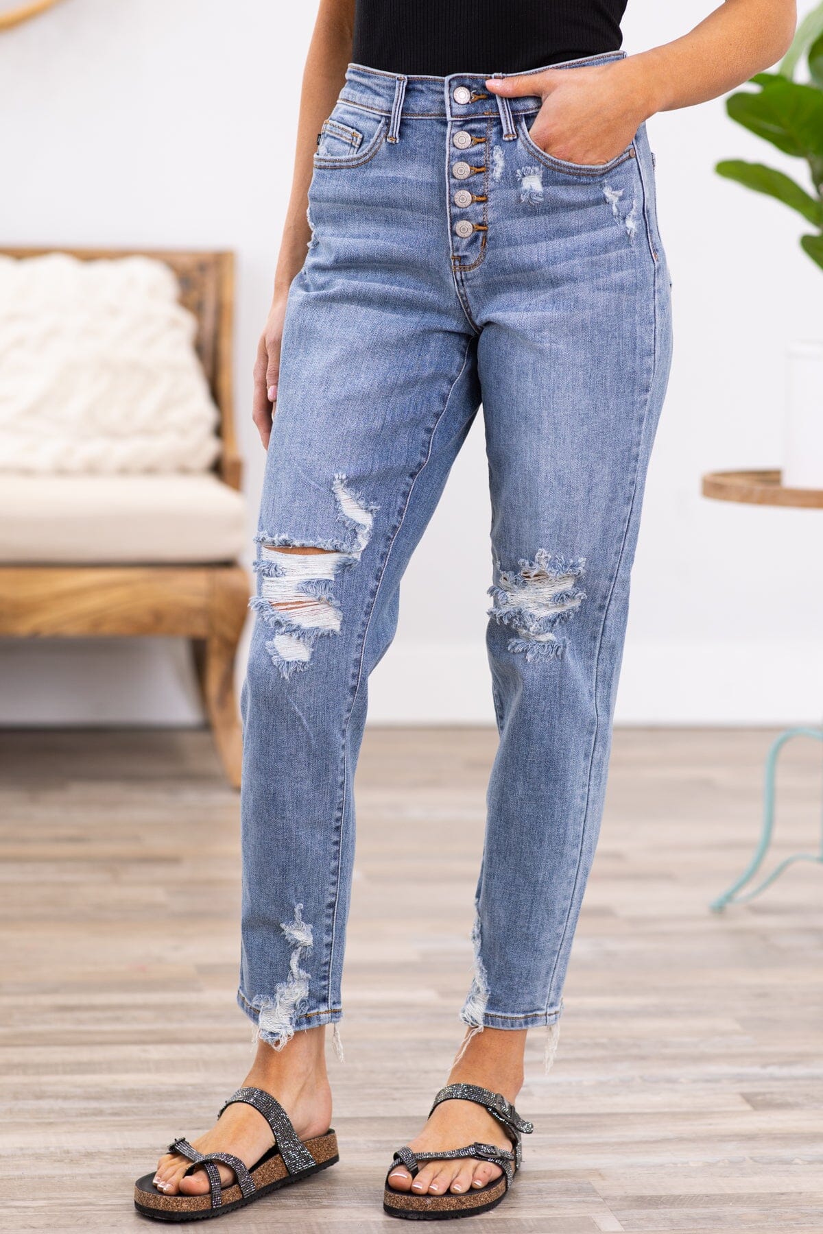 Judy Blue Button Fly Boyfriend Fit Jeans · Filly Flair