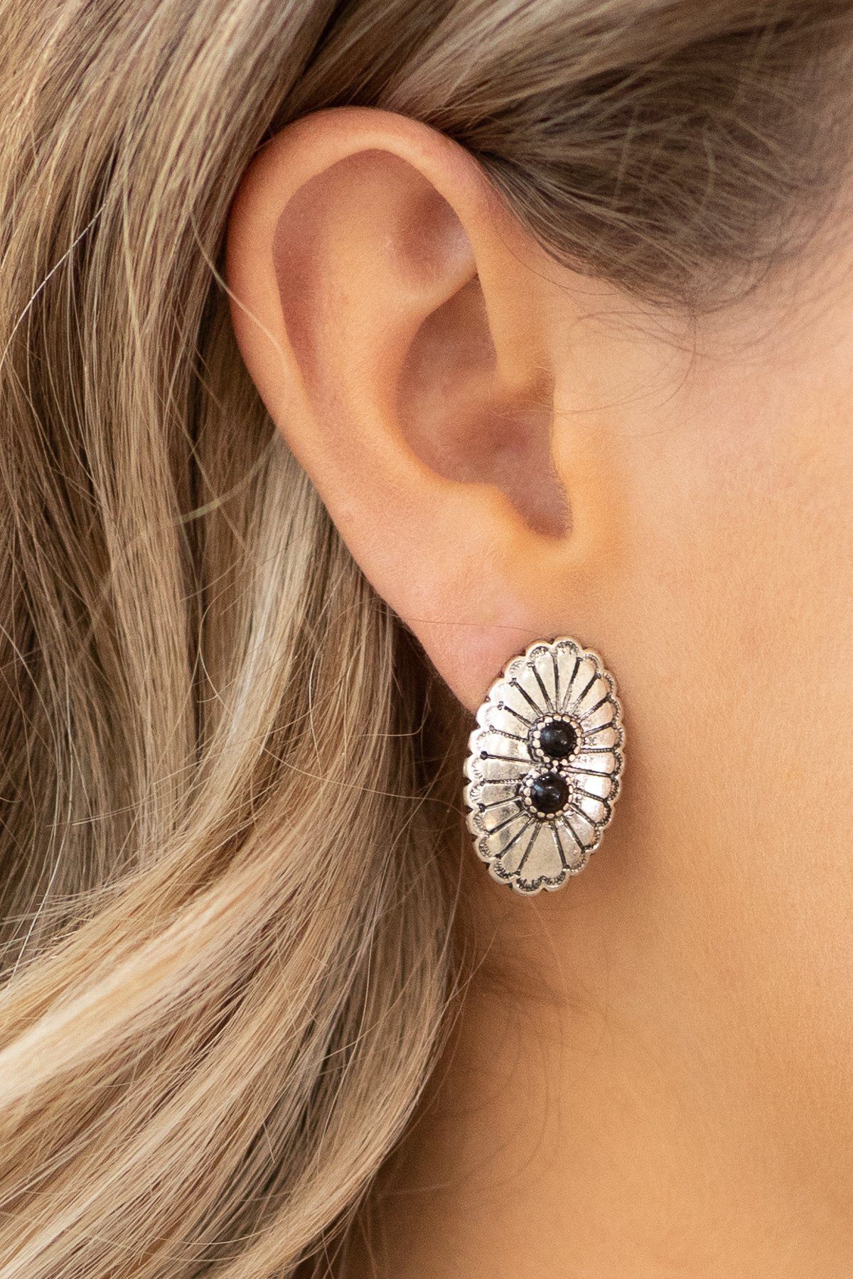 Silver and Black Oval Stud Earrings - Filly Flair