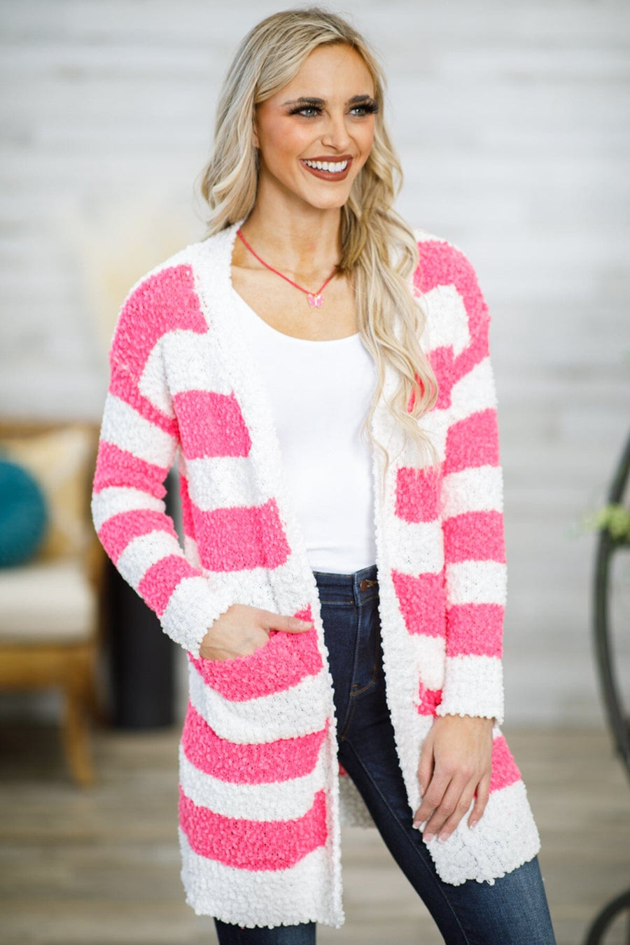 Hot Pink and White Stripe Popcorn Cardigan - Filly Flair