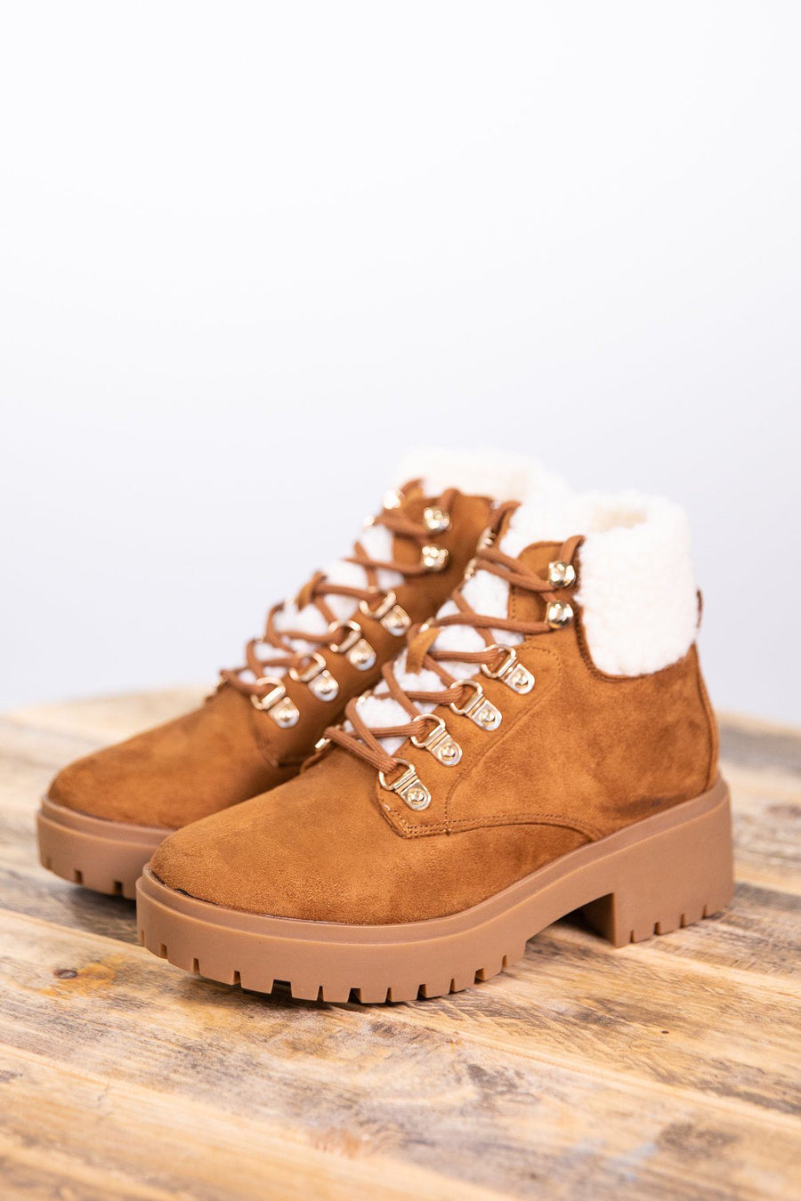 Camel Lace Up Sherpa Trim Boot - Filly Flair