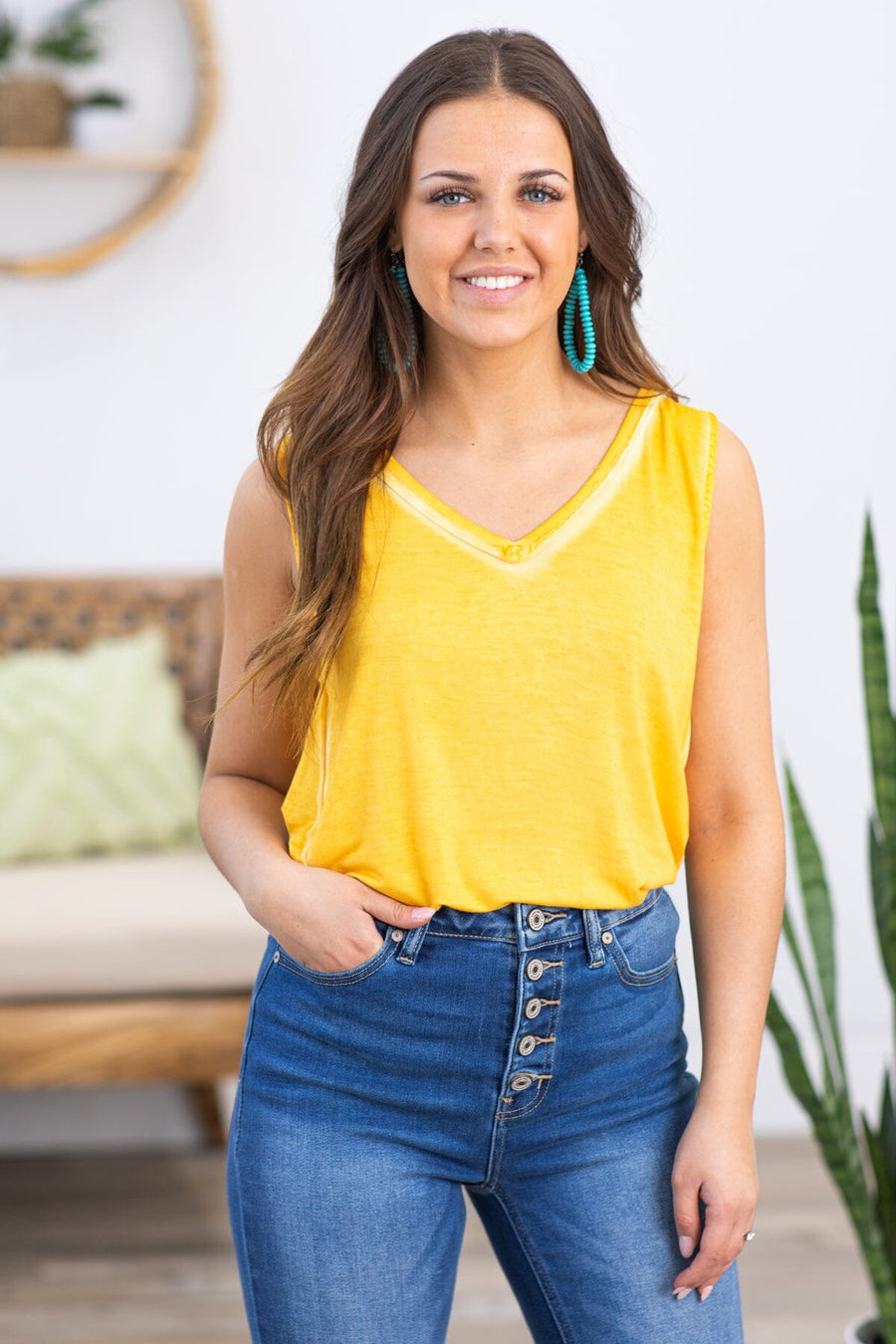 Yellow Washed V-Neck Tank - Filly Flair