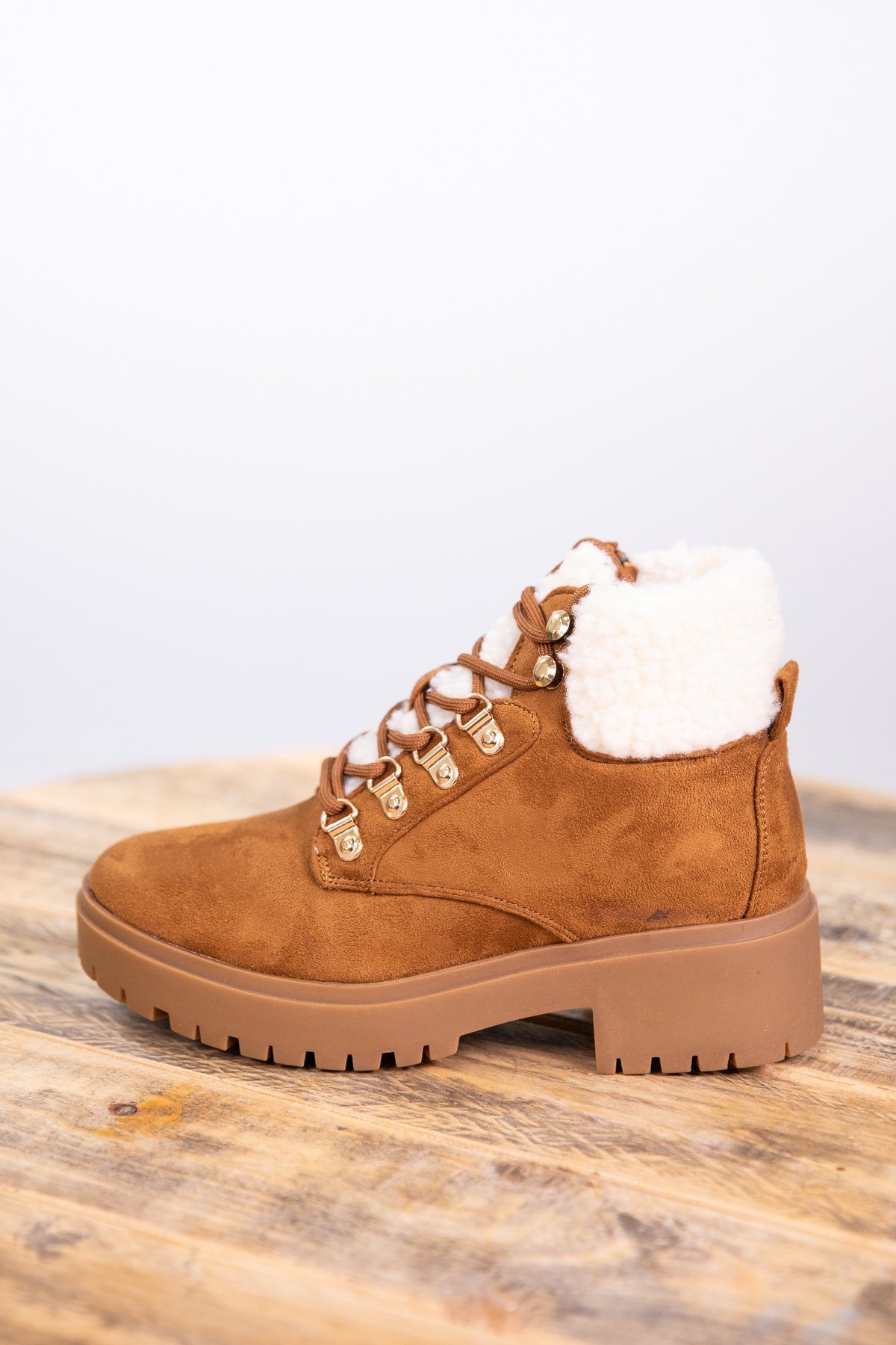 Camel Lace Up Sherpa Trim Boot - Filly Flair