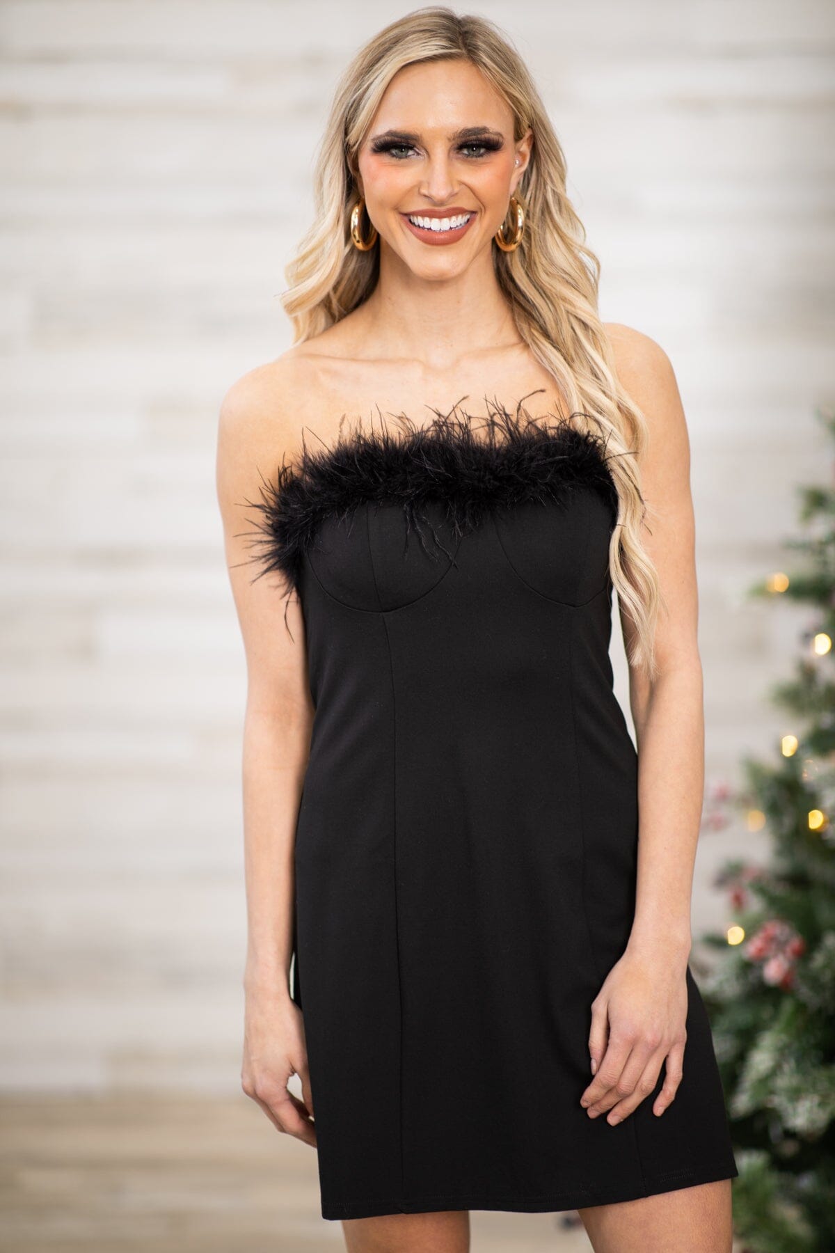 Black Strapless Feather Trim Dress - Filly Flair