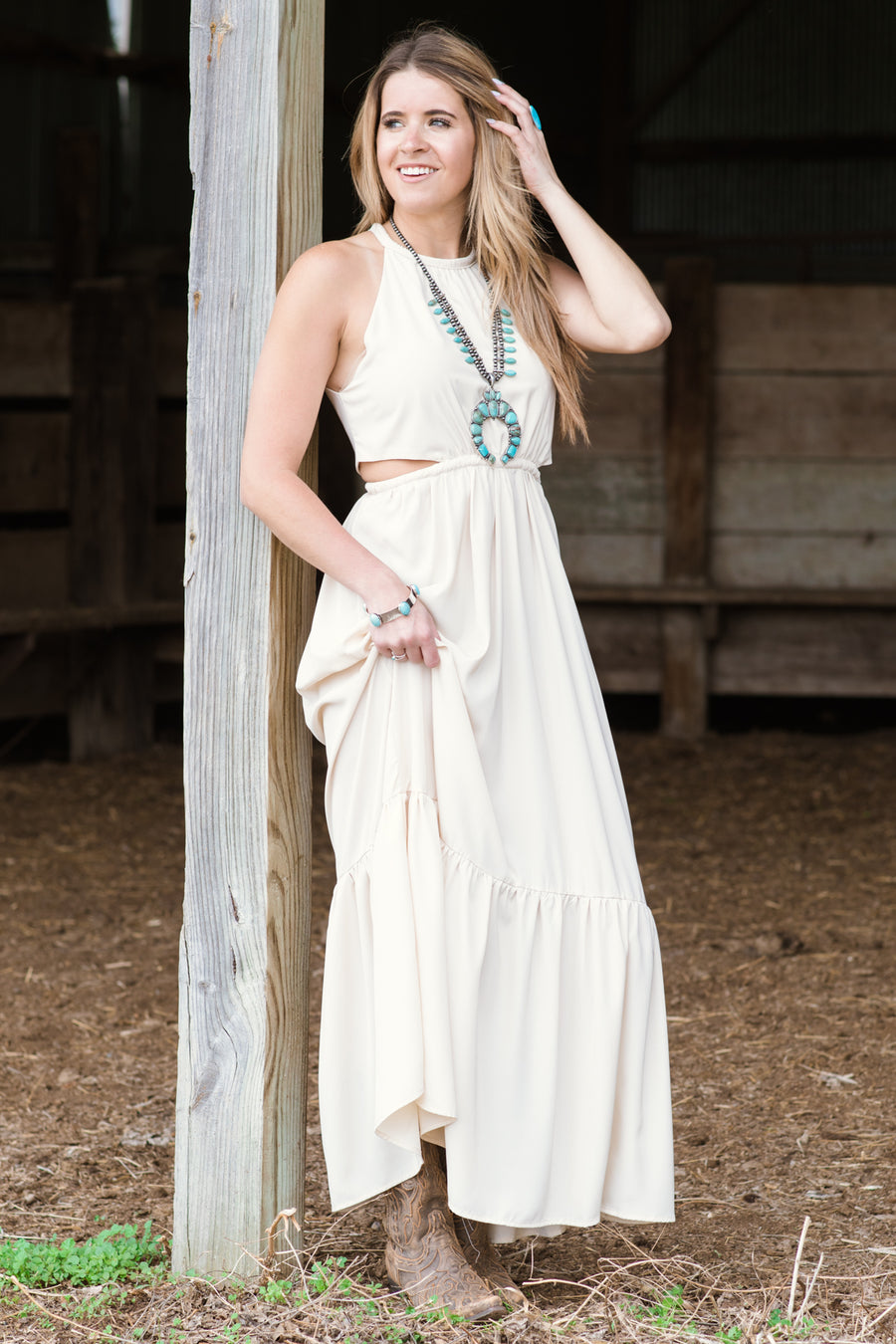 Beige Maxi Dress with Side Cutouts - Filly Flair