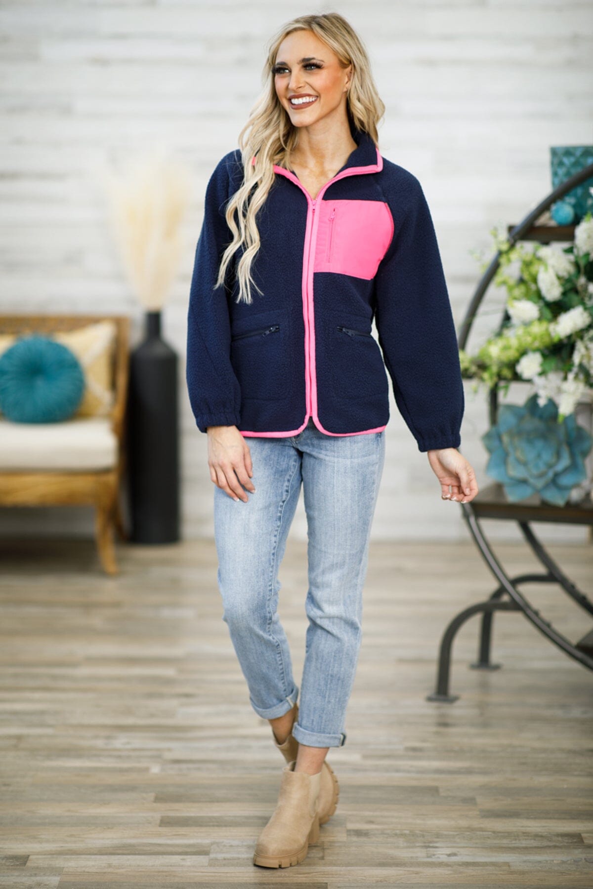 Navy and Hot Pink Full Zip Sherpa - Filly Flair