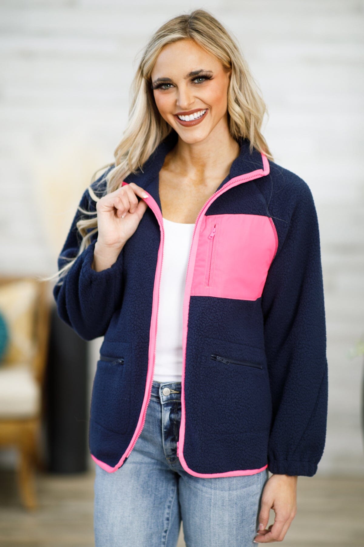 Navy and Hot Pink Full Zip Sherpa - Filly Flair