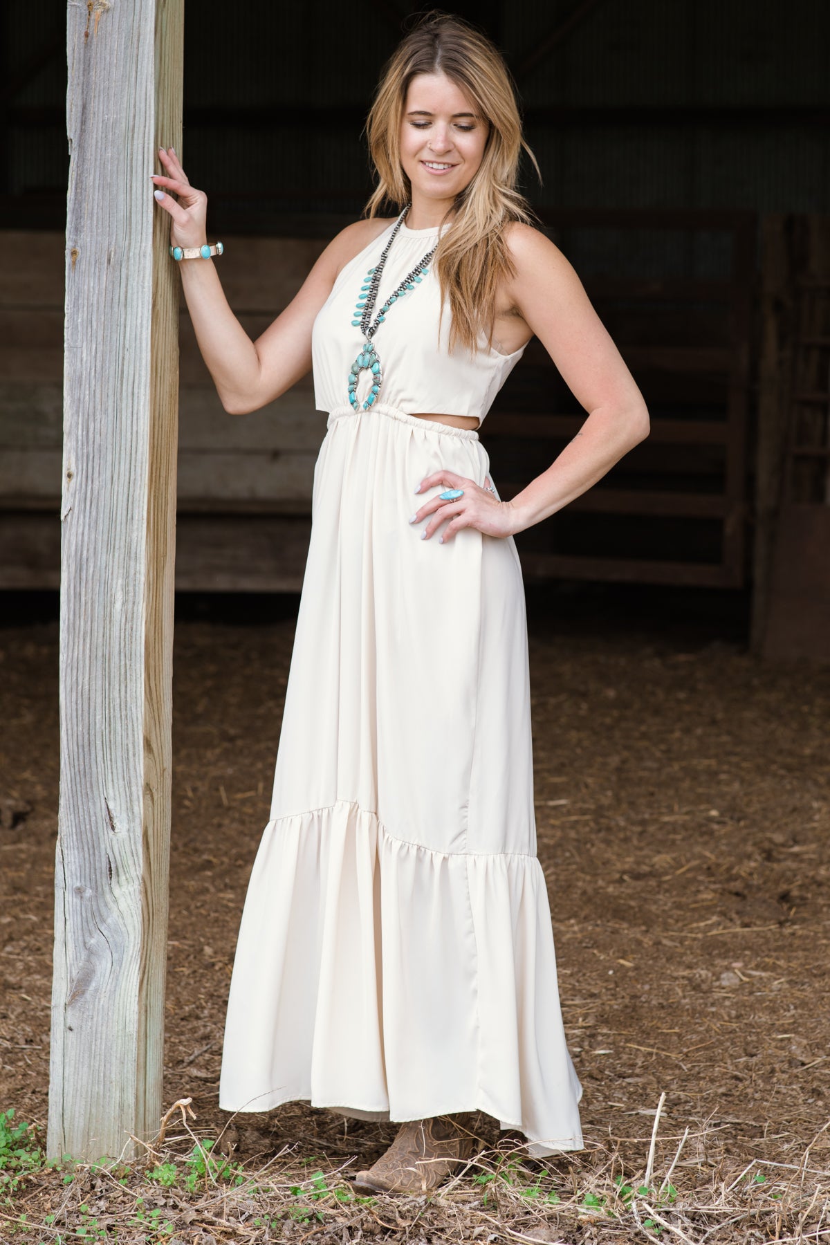 Beige Maxi Dress with Side Cutouts - Filly Flair