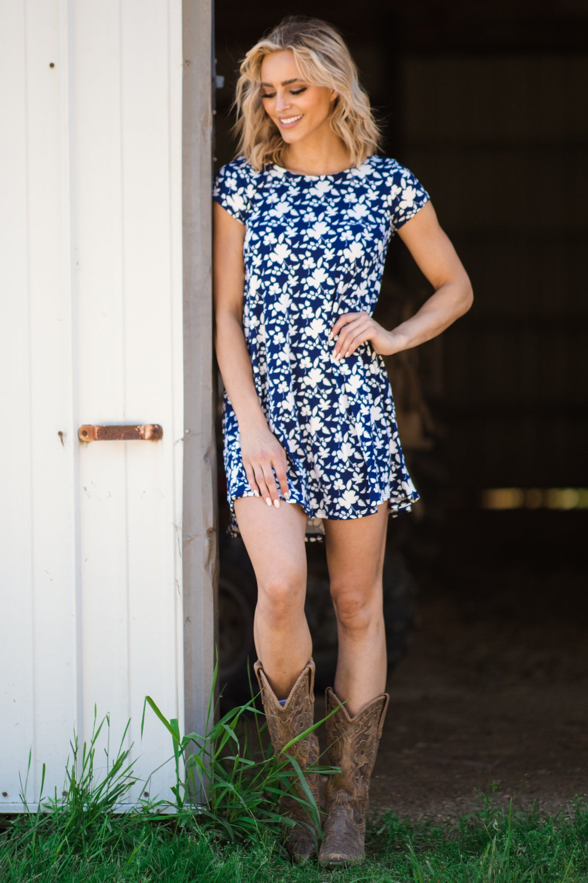 Navy and White Floral Print Short Sleeve Dress - Filly Flair