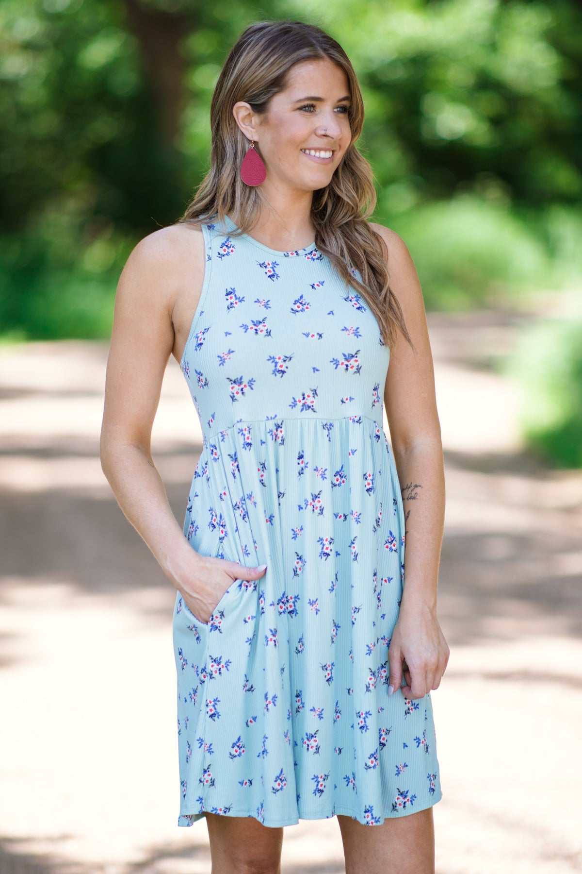 Sage Floral Elastic Waist Ribbed Dress - Filly Flair