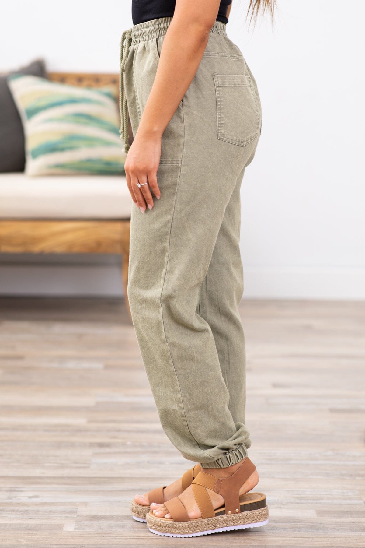 Olive Washed Elastic Waist Joggers - Filly Flair