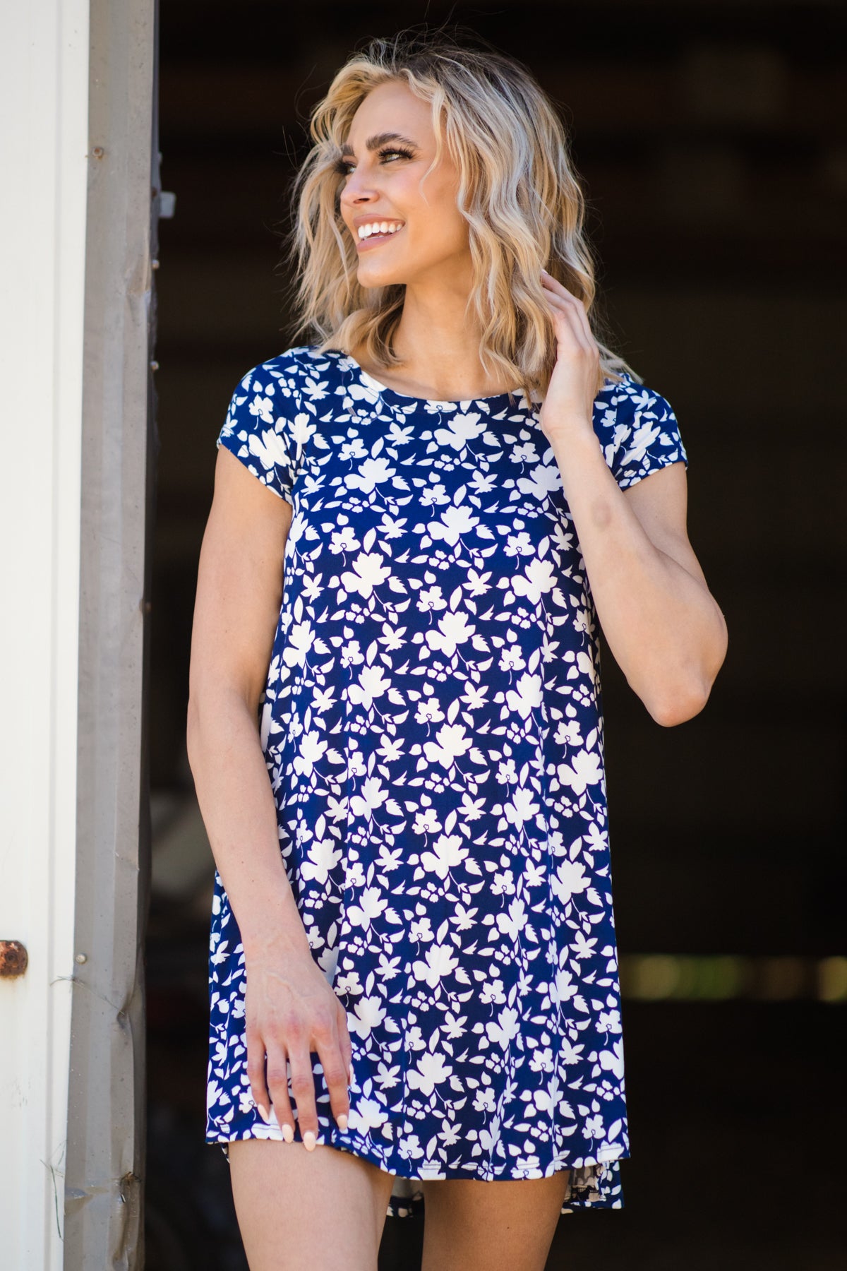 Navy and White Floral Print Short Sleeve Dress