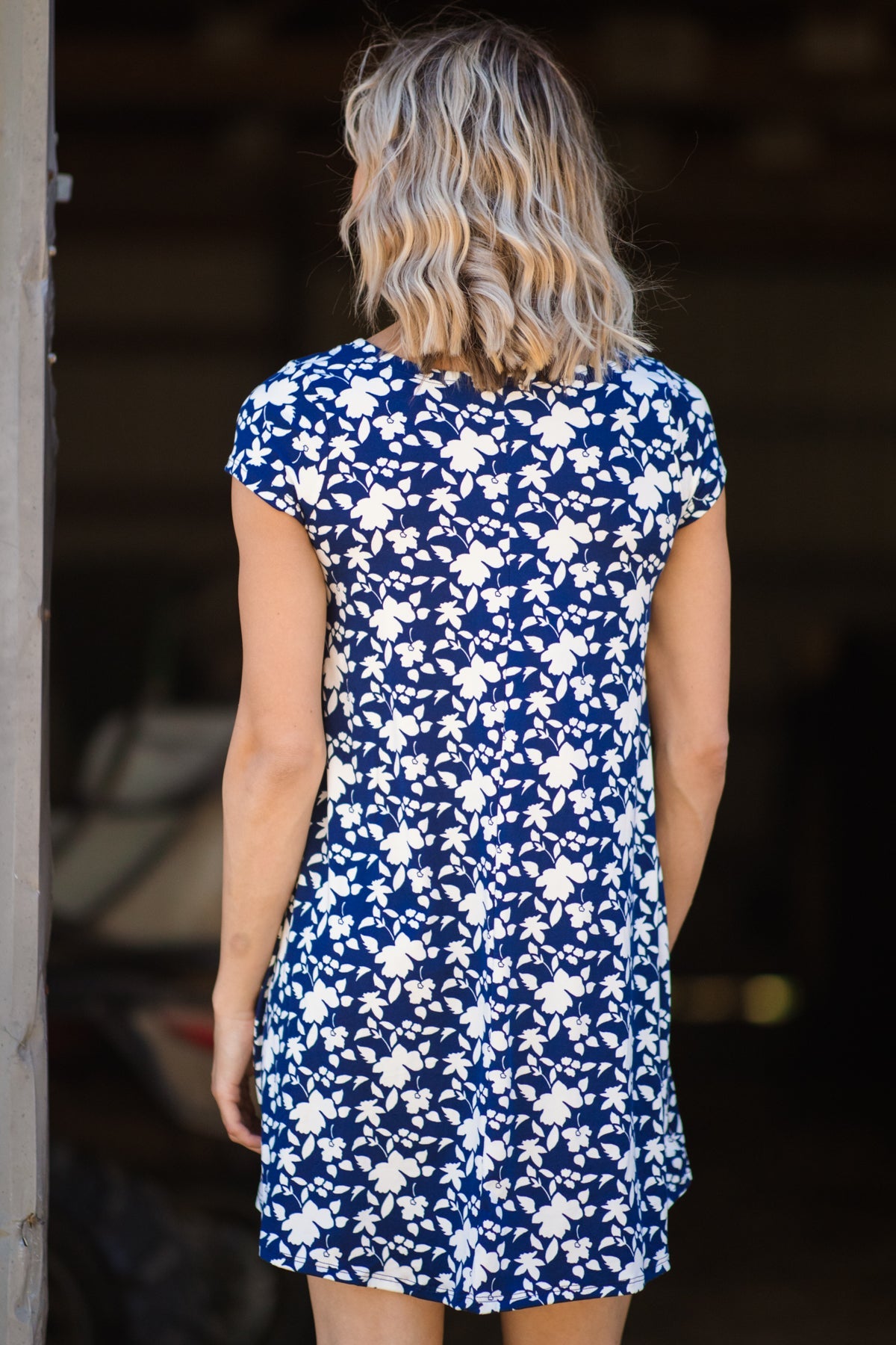 Navy and White Floral Print Short Sleeve Dress - Filly Flair