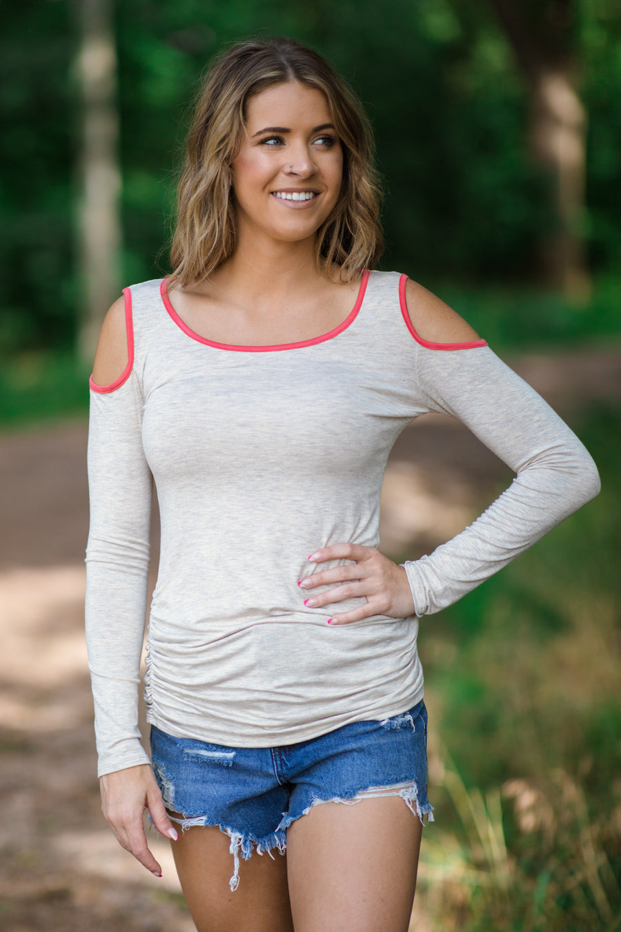 Beige Cold Shoulder Contrast Trim Top - Filly Flair
