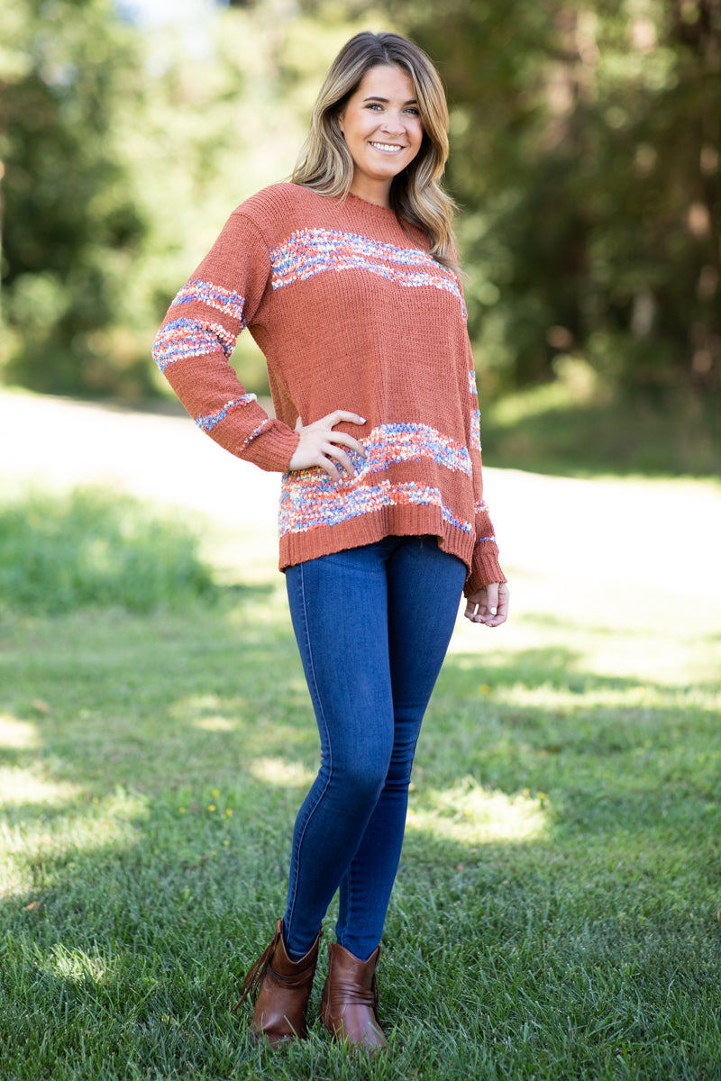 Cinnamon Sweater With Multicolor Stripes - Filly Flair