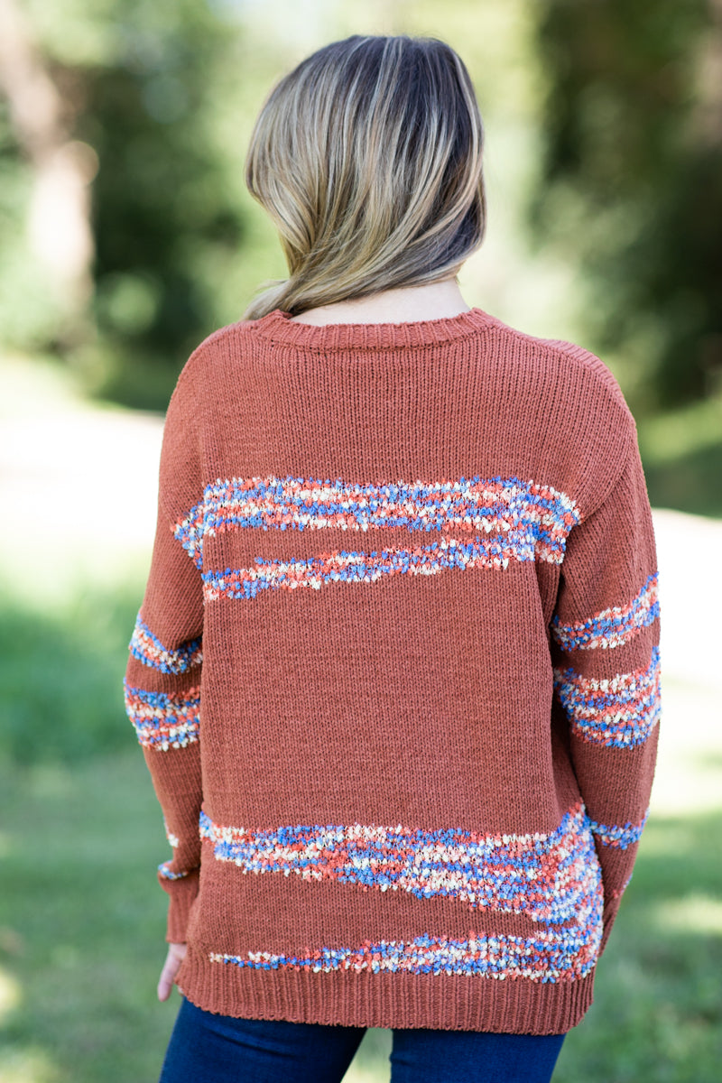 Cinnamon Sweater With Multicolor Stripes - Filly Flair