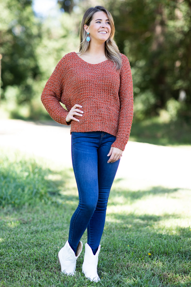 Rust Loose Knit V-Neck Sweater - Filly Flair