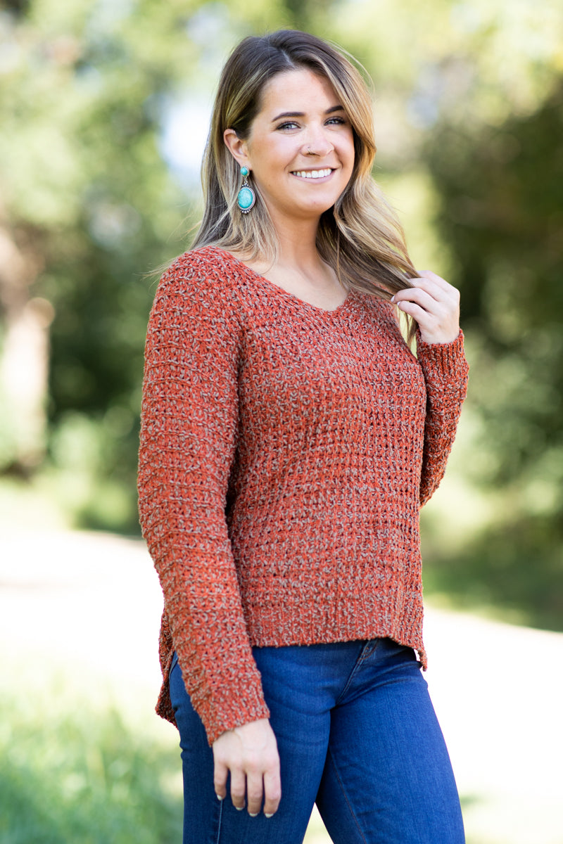 Rust Loose Knit V-Neck Sweater - Filly Flair