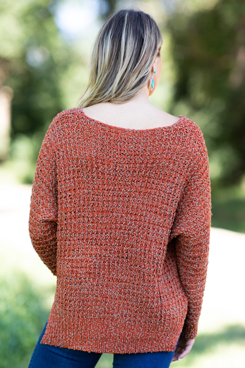 Rust Loose Knit V-Neck Sweater - Filly Flair