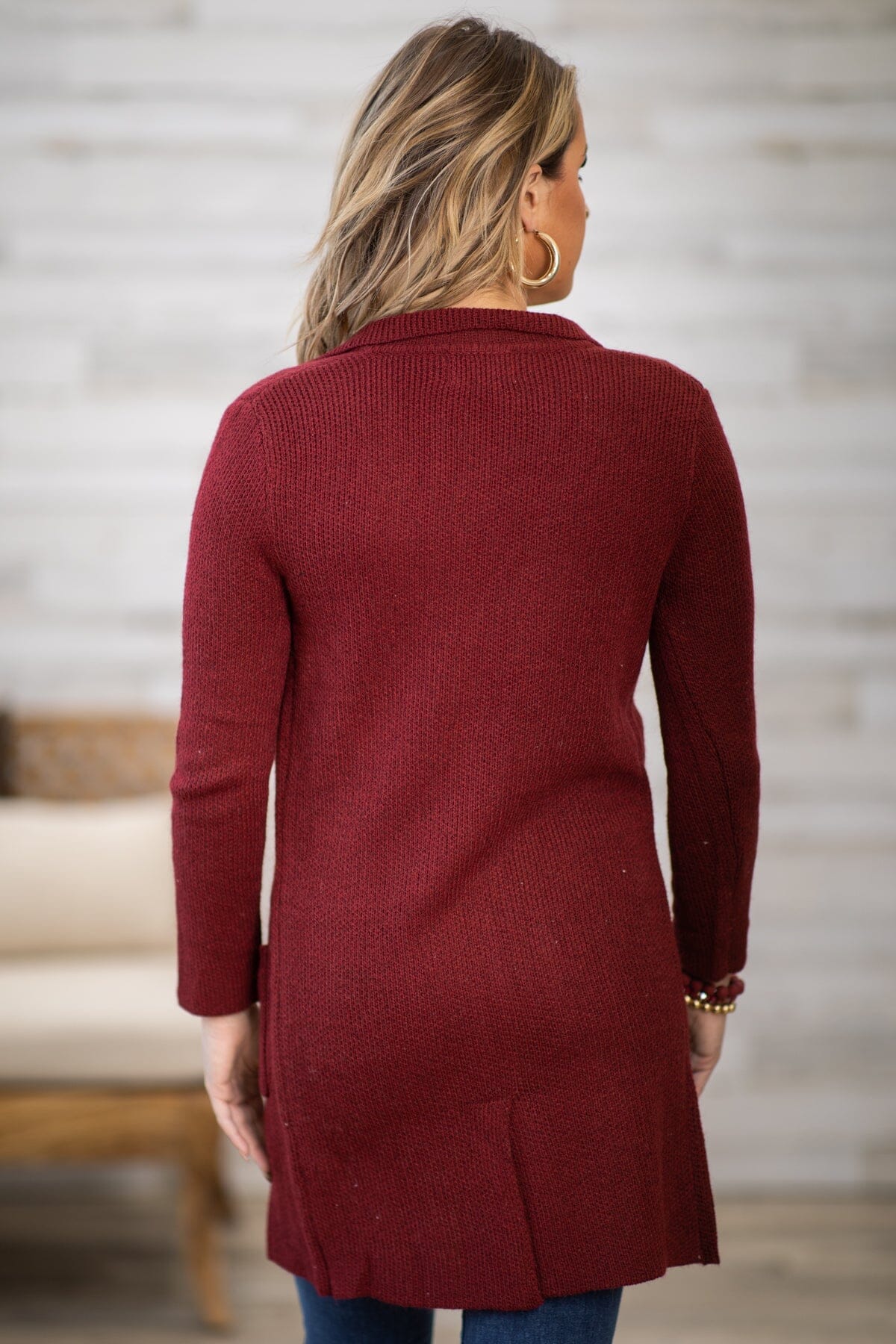 Burgundy Collared Mid Length Cardigan - Filly Flair