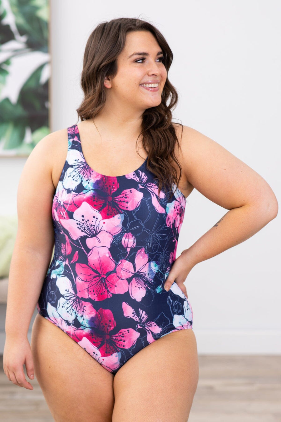 Navy and Fuchsia Floral One Piece Swimsuit - Filly Flair