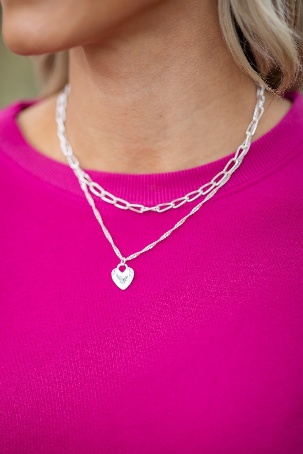 Silver Double Strand Heart Pendant Necklace - Filly Flair