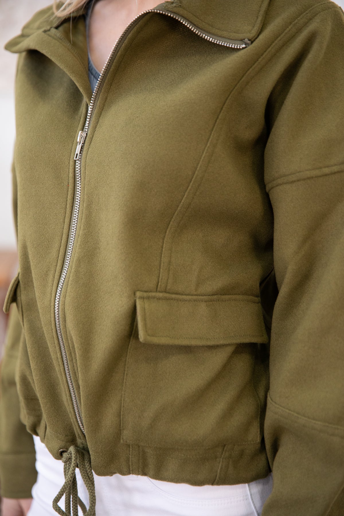 Olive Drawstring Hem Zip Up Jacket - Filly Flair