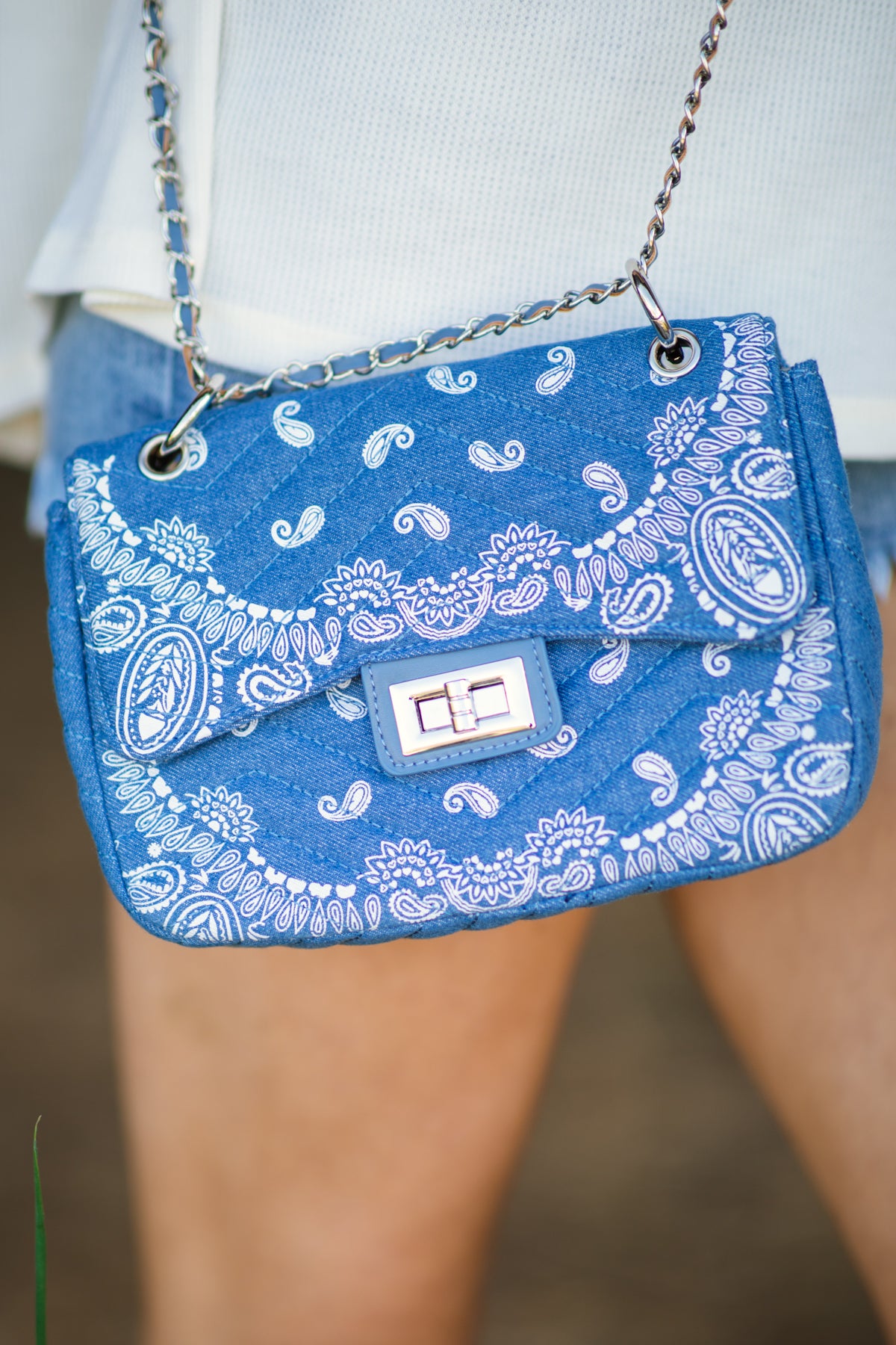 Dusty Blue Paisley Print Quilted Handbag - Filly Flair