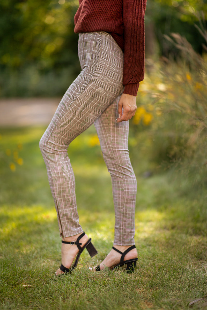 Brown and White Plaid Pull On Pants - Filly Flair