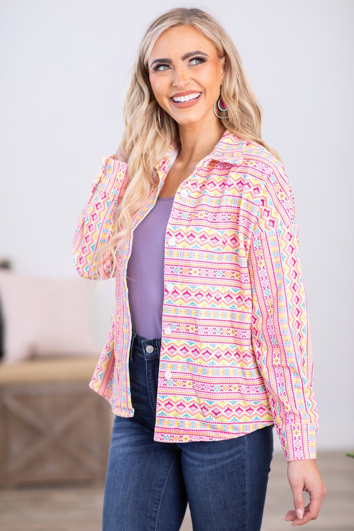 Pink Multicolor Aztec Stripe Jacket - Filly Flair