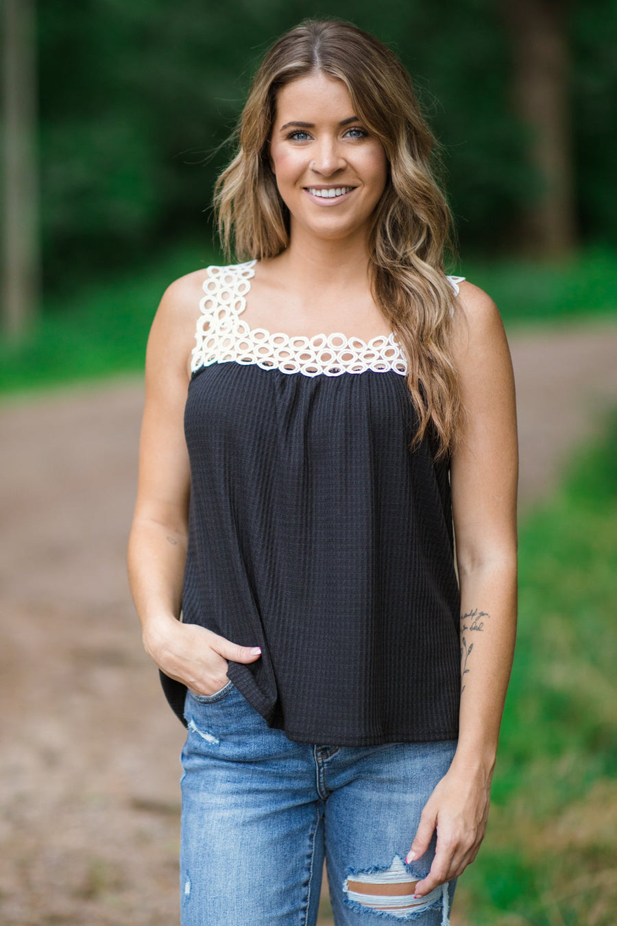 Black and White Waffle Knit Crochet Trim Tank - Filly Flair