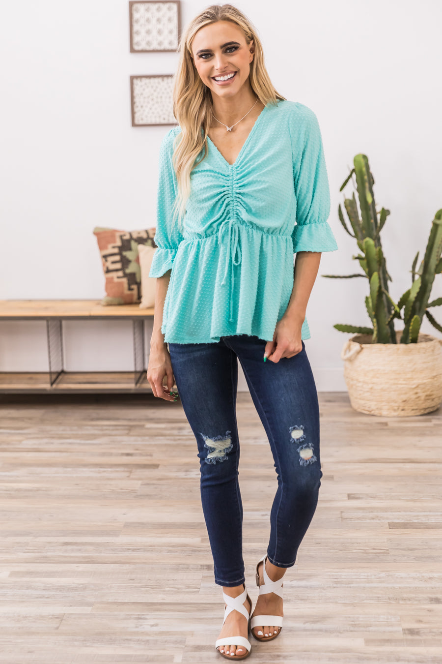 Aqua Ruched Bodice Ruffle Cuff Top - Filly Flair