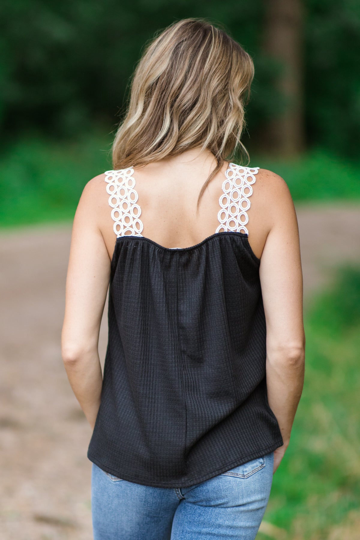 Black and White Waffle Knit Crochet Trim Tank - Filly Flair