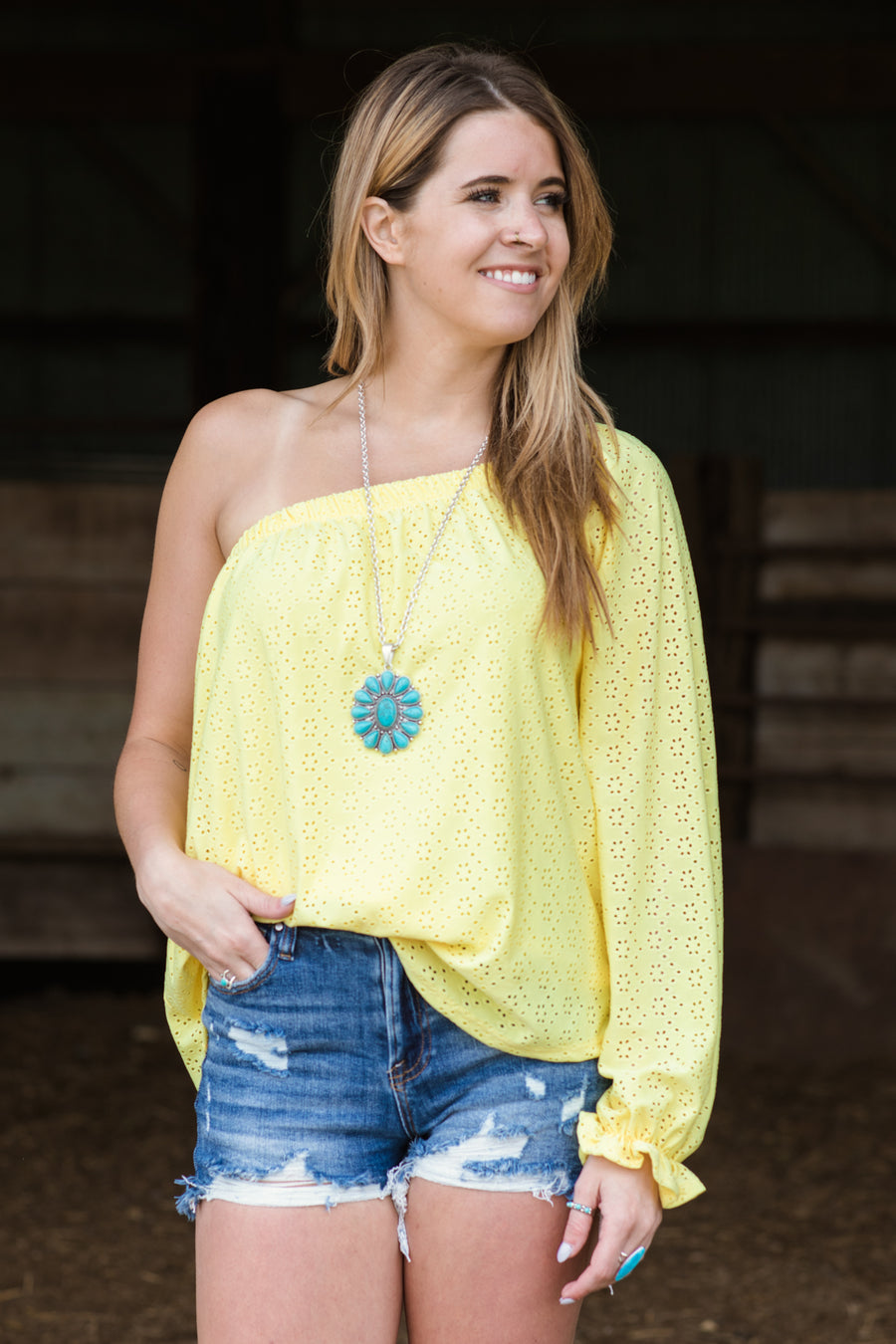 Yellow Eyelet Lace One Shoulder Top - Filly Flair