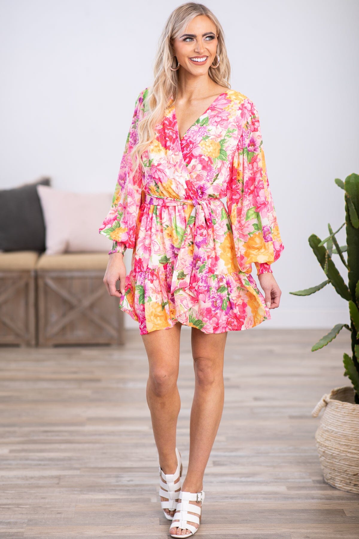 Hot Pink and Yellow Floral Long Sleeve Dress - Filly Flair