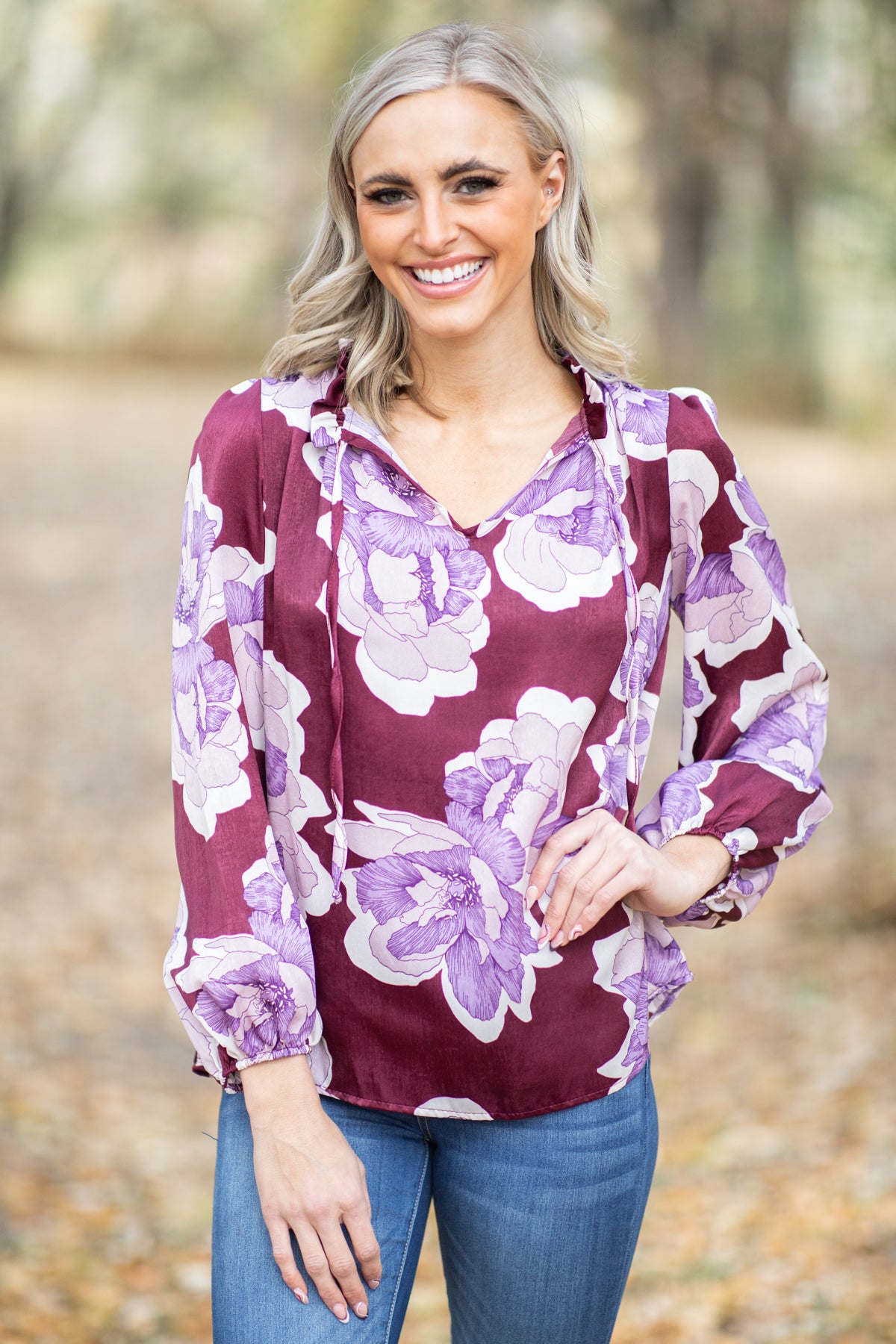 Berry and Purple Floral Print Tie Neck Top - Filly Flair
