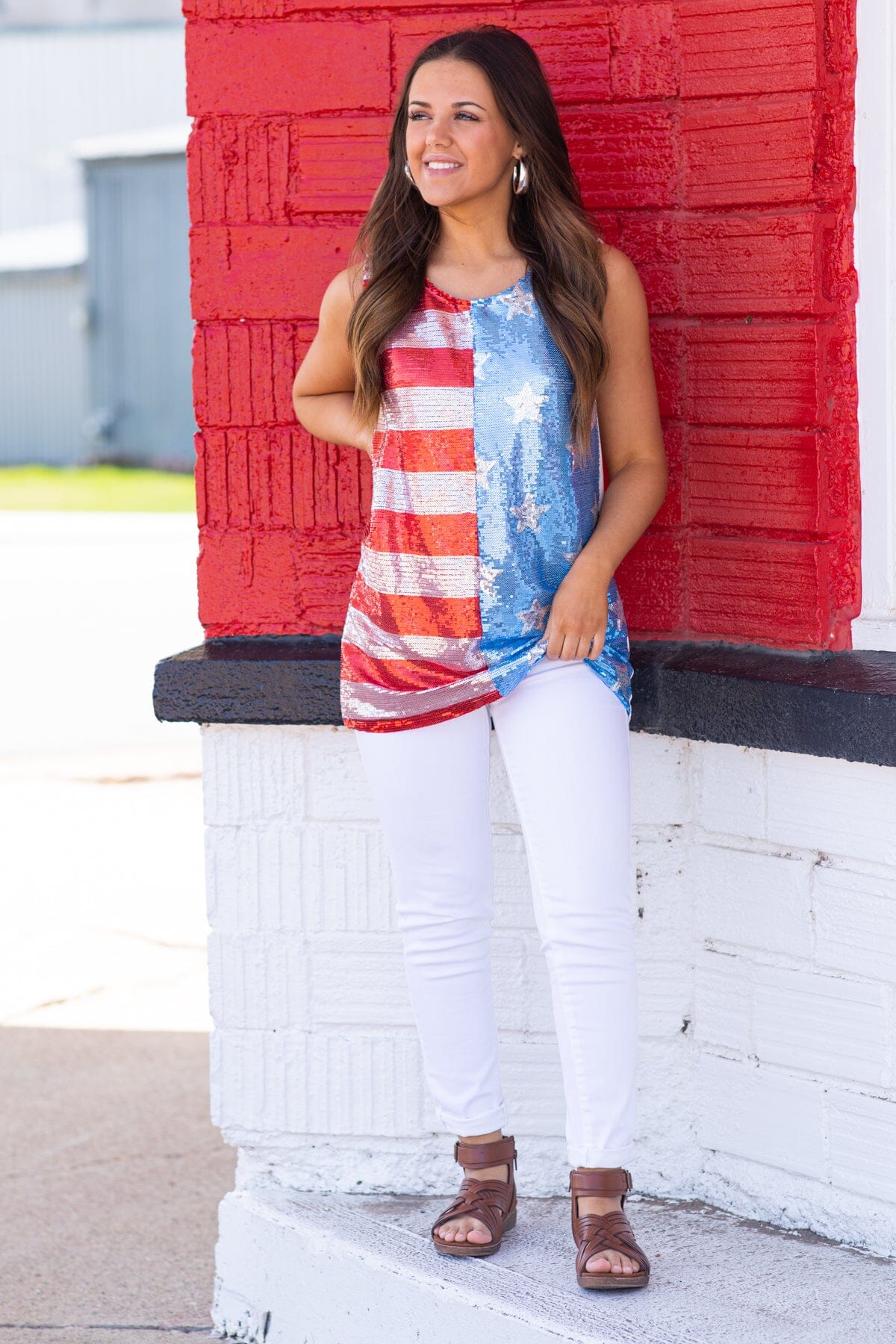 Blue and Red Flag Print Sequin Front Tank - Filly Flair