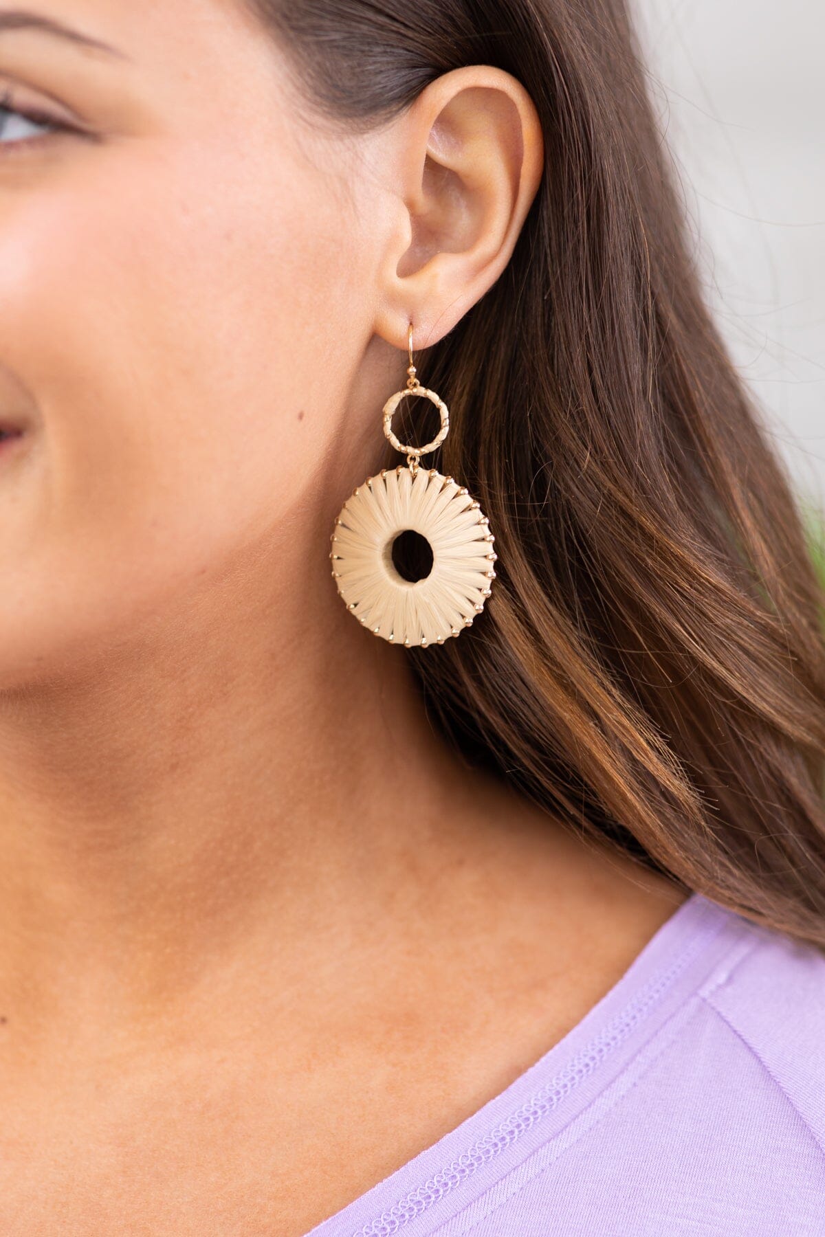Beige Wrapped Raffia Round Earrings - Filly Flair